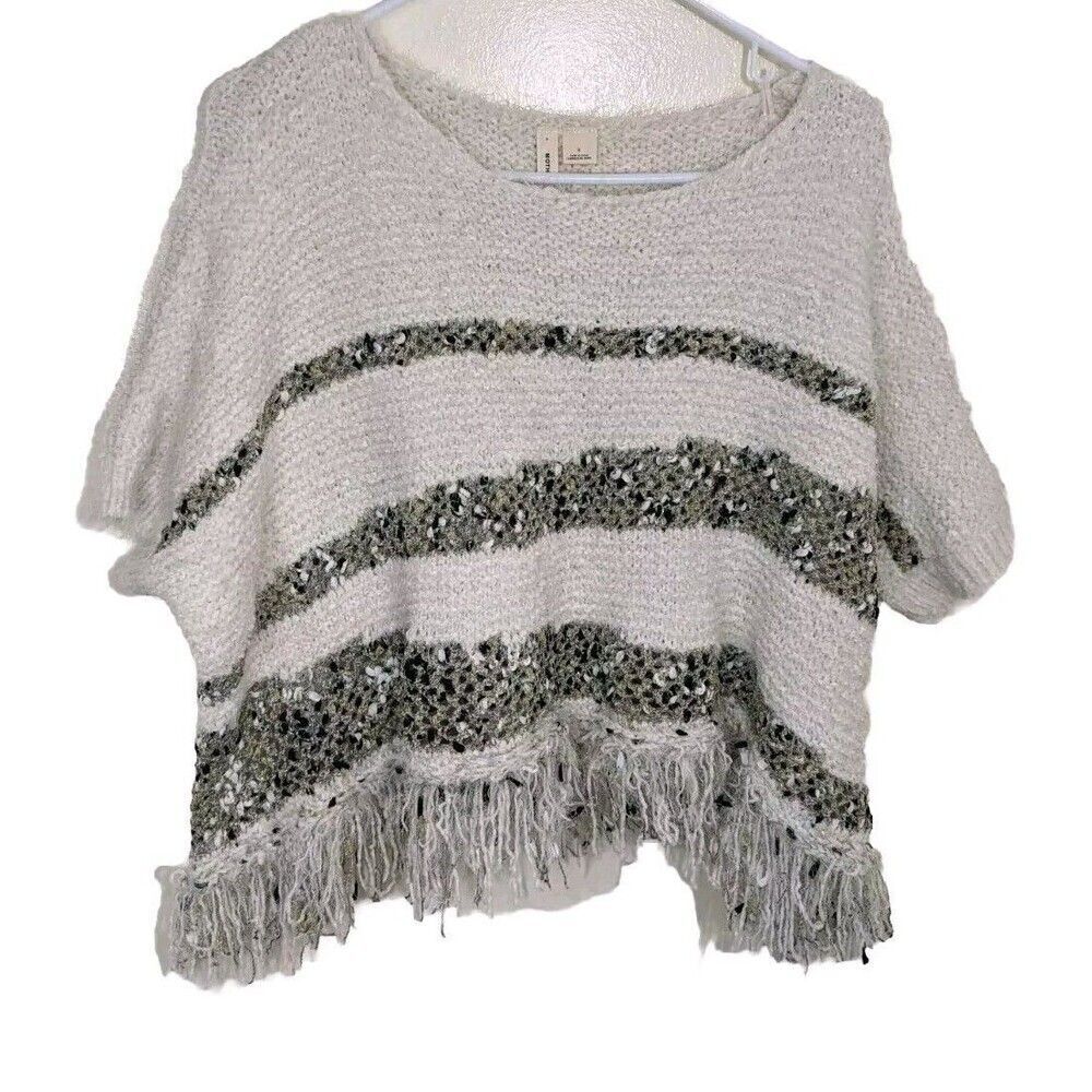 Anthropologie Moth Poncho Crew Metallic Fringe Sweater Boho Oversized Small
